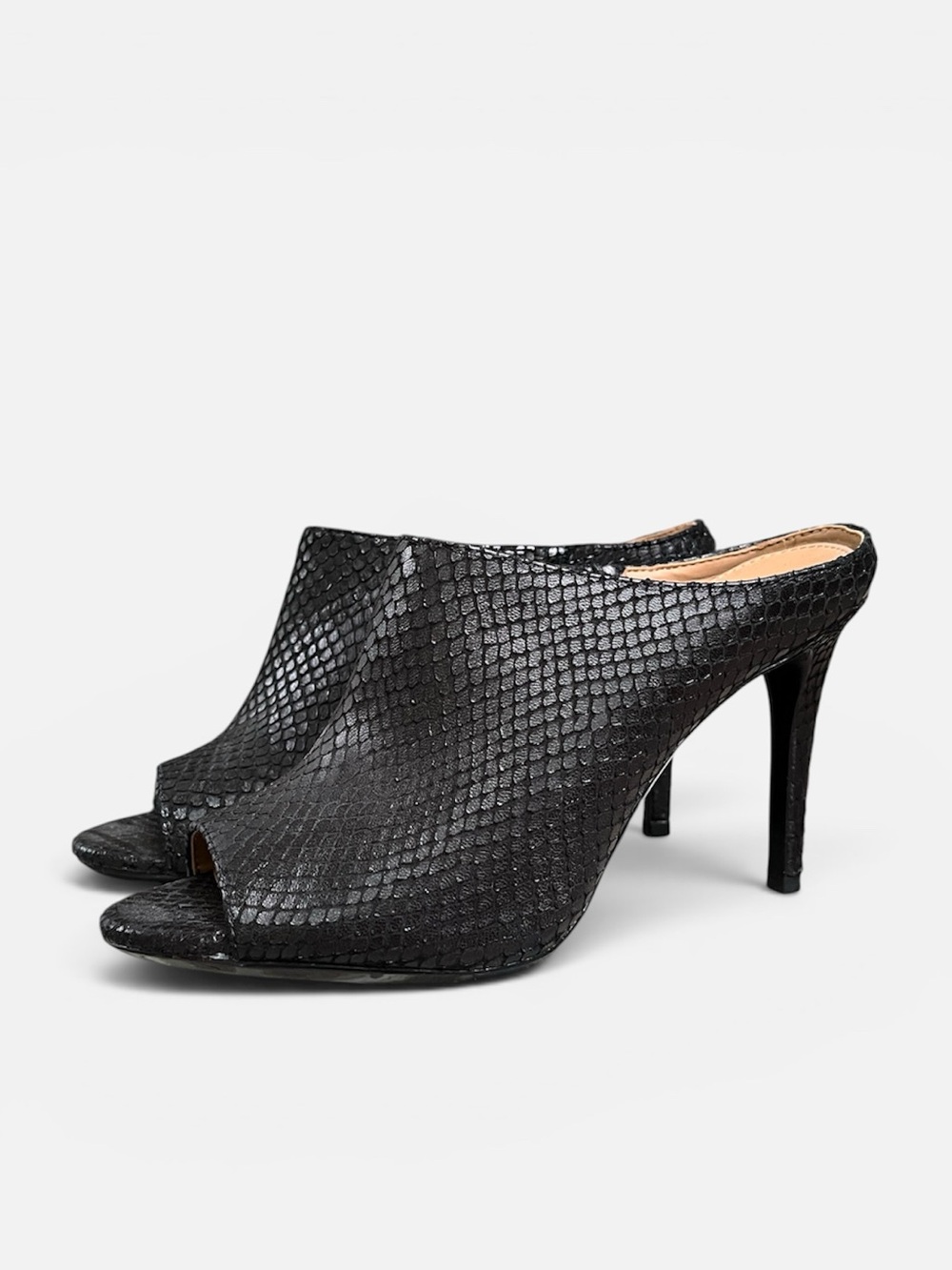 Calvin Klein Nola Leather Open Toe Casual Mule Sandal in Blk Snakeskin Sz 6